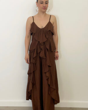 Completo marrone donna con top lungo con rouches e pantalone palazzo, stile casual chic adatto alla primavera
