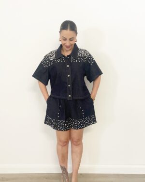 Completo estivo in camicia e pantaloncini con brillantini – Margot Shop