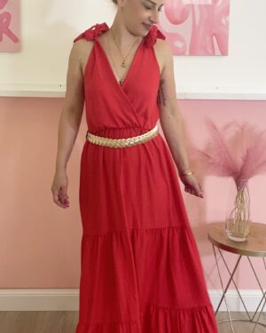 Abito rosso lungo con fiocchi sulle spalle ed elastico in vita