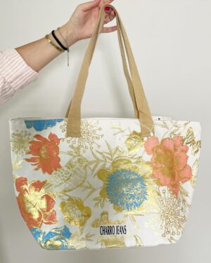 Borsa shopper Charro Jeans con stampa floreale oro, blu e rossa e manici beige