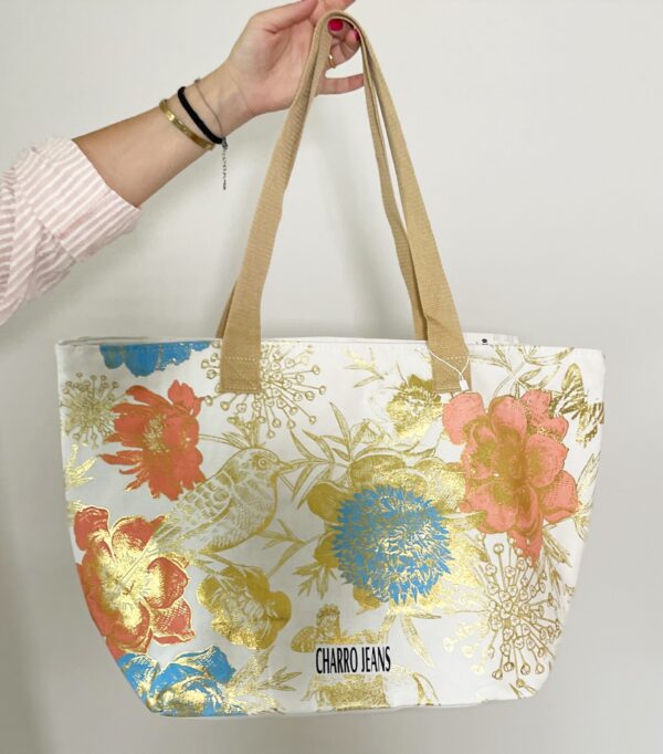 Borsa shopper Charro Jeans con stampa floreale oro, blu e rossa e manici beige