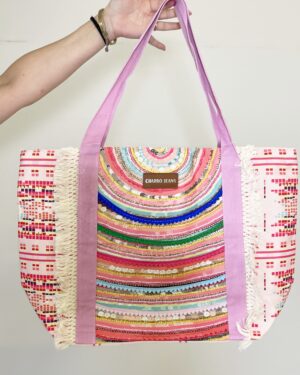 Borsa shopper Charro multicolor con decorazioni a paillettes, frange laterali e manici rosa