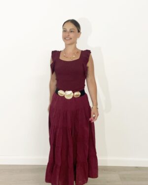 Top maglia costina con volant sulle spalle bordeaux