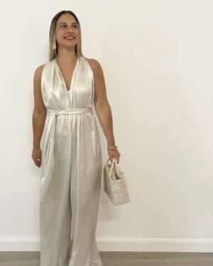 Jumpsuit argentata con spalline annodabili e schiena scoperta Margot Shop